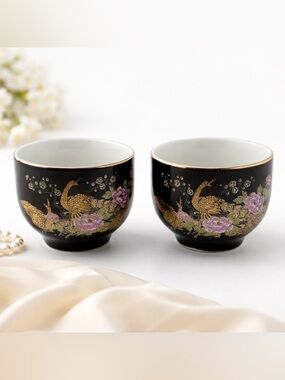 Set of 2 JapaneseBlack Gold Peacock Floral Japanese Style Tea Cups/Bowls ~2.6in